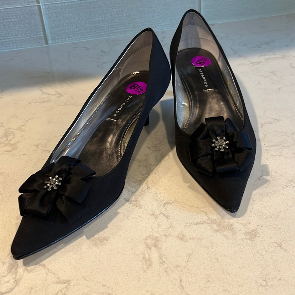 Caparros Black Fabric Upper/Leather Sole Bow and Rhinestone Kitten Heel Pumps